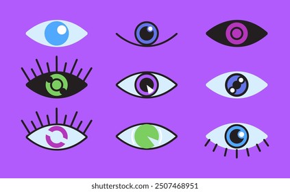 Different type of eyes colorful esoteric style flat set. Vector graphic design illustration element