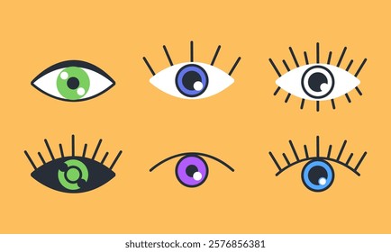 Different type of eyes colorful esoteric style flat set. Vector graphic design illustration element	