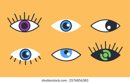 Different type of eyes colorful esoteric style flat set. Vector graphic design illustration element	