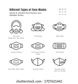 Diferentes tipos de máscaras faciales. Covid-19, Prevención de la Enfermedad de Coronavirus 2019. N95, máscara quirúrgica y más. Juego de iconos de esquema de línea. 64x64 Pixel Trazo Perfecto, Editable. Ilustración del vector EPS 10.