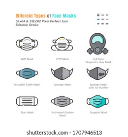 Diferentes tipos de máscaras faciales. Covid-19, Prevención de la Enfermedad de Coronavirus 2019. N95, máscara quirúrgica y más. Conjunto de iconos de esquema rellenado. Trazo editable. Ilustración del vector EPS 10.