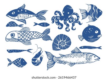 Different type of fishes set, flat and simple, decorative and other sea animals creature. Retro vintage old printmaking style. Oriental fishes concept
