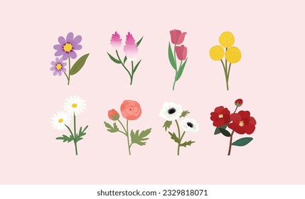 different type of flowers, nature flower vector art,dahlia. celosia argentea, Anemone, camellia flower, daisy, ranunculus, Tulip, billy balls