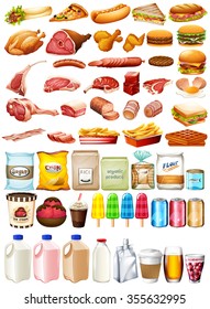 Different type of food and dessert illustration