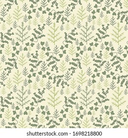 Different type of green leaves seamless pattern for wallpaper, wrapping, textile, bags and bedsheet. Botanical jungle fabric on white background.