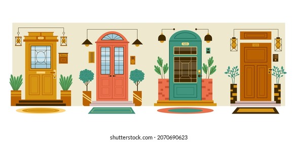 Different type of house front doors. Vector flat cartoon graphic design illustration
