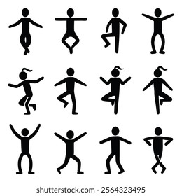 different type of human activities silhouette, people dancing, enjoyment, black, on whiten background