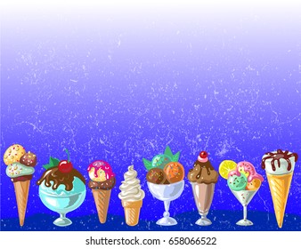 Different type ice cream grunge fresh background vector template