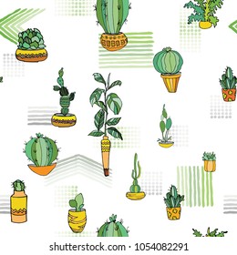 Different type indoor plants in cute flowerpots with traditional ornament. Seamless pattern. Vector illustration. Mexican style. 