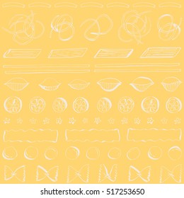 Different type of Italian Pasta seamless pattern. Vector food texture with pasta types.