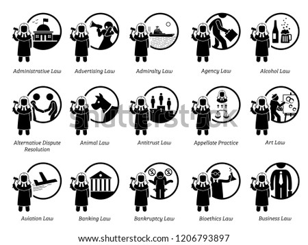 Different type of laws. Icons depict field and area of laws, justice, jurisdictions, regulations, and legal system. Part 1 of 7.
