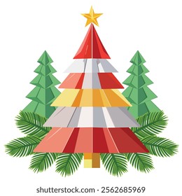 Different type origami christmas tree vector illustration.