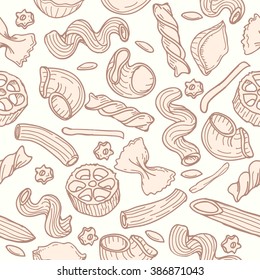 Different type pasta hand drawn seamless pattern. Vector illustration
