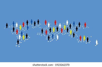 Diferente tipo de personas alrededor del mundo mapean. Concepto de ilustración vectorial de diversidad, humanidad, globalización, variedad cultural y unión. 