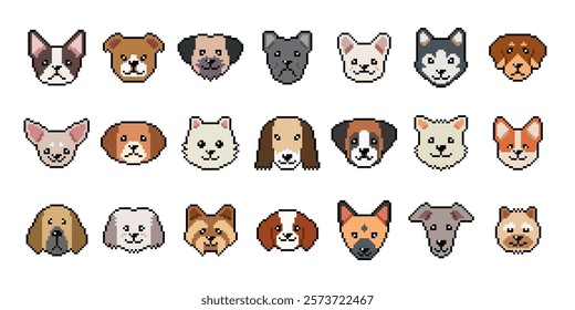 Different type of pixel art dog faces vector in retro style for design.