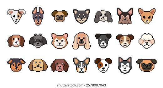 Different type of pixel art dog faces vector in retro style