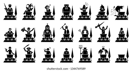 Different type of politician, president, prime minister, or ruler of a country giving speech. Artwork depicts the many kind of faces, characters, and personalities of a politician in the government.