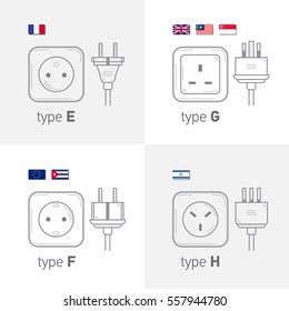 Different type power socket set, vector isolated icon illustration for different country plugs. Type EFGH