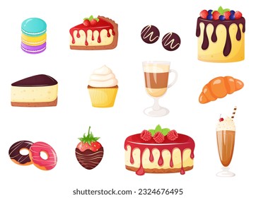 Different type of sweets set. Confectionery goods. Set of food and drinks.