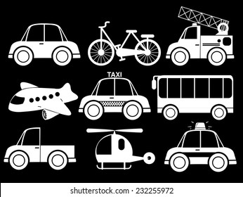 Distinto tipo de transporte sobre fondo negro