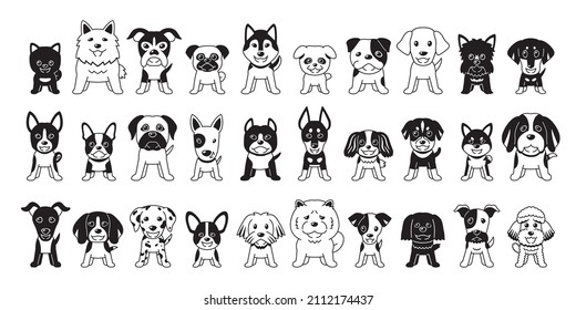 Different type of vector cartoon black color dogs on white background for design.