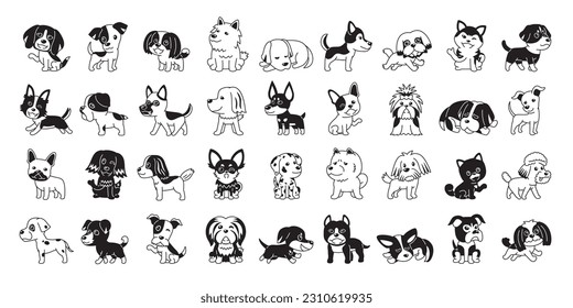 Different type of vector cartoon black and white color dogs for design.