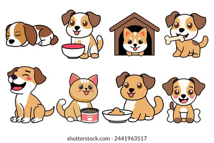 Different type of vector cartoon cats and dogs for design. cute cat and Shiba Inu dog illustration