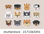 Different type of vector cartoon dog faces for stickers. Vector illustration of funny cartoon different dog breeds in trendy flat style. 