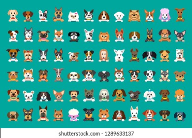 Different type of vector cartoon dog faces for design.