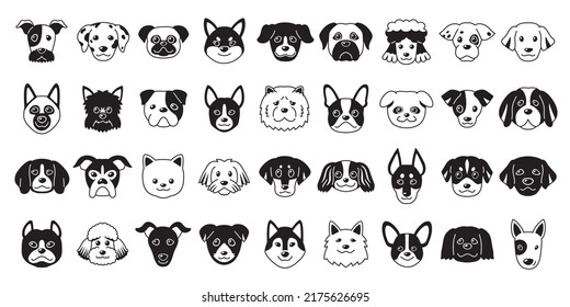 Different type of vector cartoon dog faces for design.