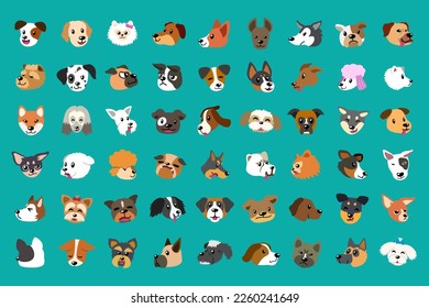 Different type of vector cartoon dog faces for design.
