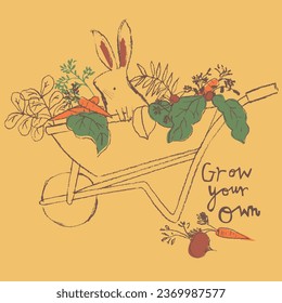 different type of vegetables on cart vehicle rabbit easter funny bunny hand sketch baby kids print vector graphic artwork