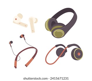 Distinto tipo de auriculares inalámbricos, audífonos, auriculares aislados en fondo blanco