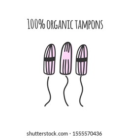 Different types of 100% organic tampons isolated on white background. Hand drawn elements. Zero waste menstruation line art concept.