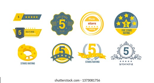 Different types of 5 stars rating, rating stamp, badge. Concept of feedback, reviews, voting for collecting statistics. Customer service rating on five-point scale. Badge logo template set vector