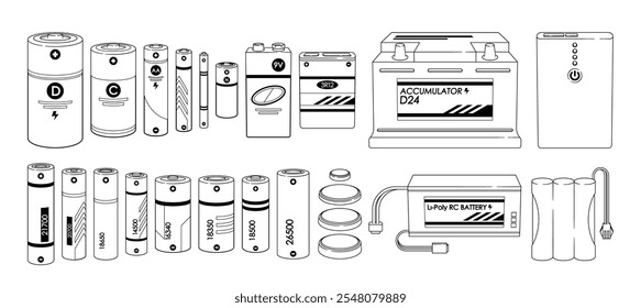 Diferentes tipos de acumuladores e baterias fontes de alimentação elétrica portáteis preto e branco