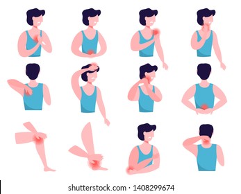 Different types of ache. Headache, abdominal pain and knee injury. Body and health care. Isolated vector illustration in cartoon style