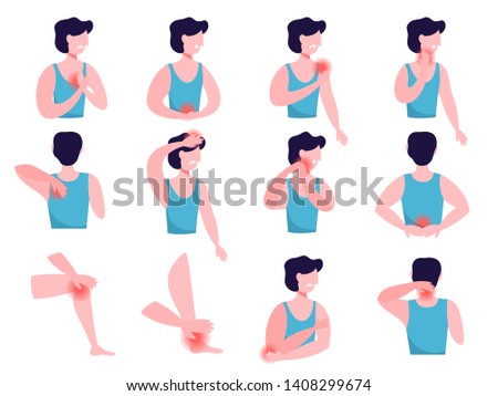 Different types of ache. Headache, abdominal pain and knee injury. Body and health care. Isolated vector illustration in cartoon style