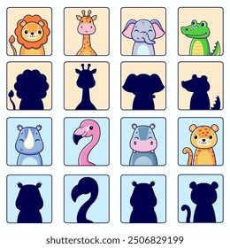 Different types of African animals and their silhouettes. Vector cartoon illustration.