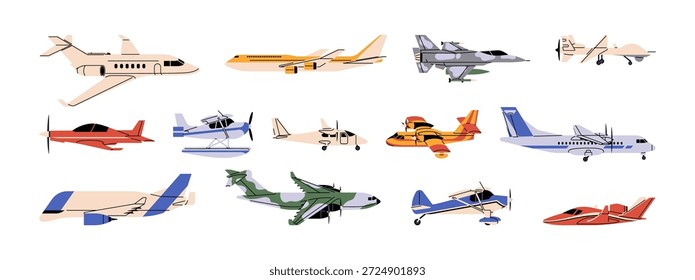 Diferentes tipos de conjunto de aviones. Aviones de pasajeros, carga, militares, supersónicos y de fumigador de cultivos. Varios aviones y aviones. Transporte aéreo. Aviación. Ilustraciones vectoriales aisladas planas en blanco
