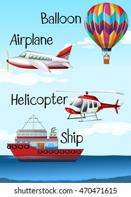 Different types of aircrafts and ship illustration