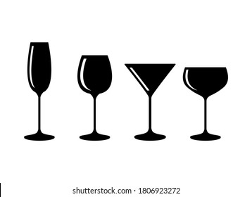 Different types of alcohol glasses icon vector. Champagne, wine, martini and other glasses icon set. Alcohol glasses icon isolated on white background. Alcoholic drinks black silhouette collection
