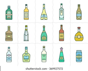 Different types of alcohol. Vector icons of alcohol bottles. Linear style