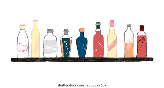 Different types of alcoholic drinks on a black wooden shelf