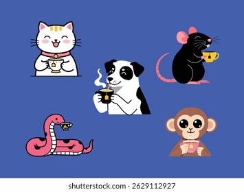 Different Types of Animal Set with Tea , Drinking Tea