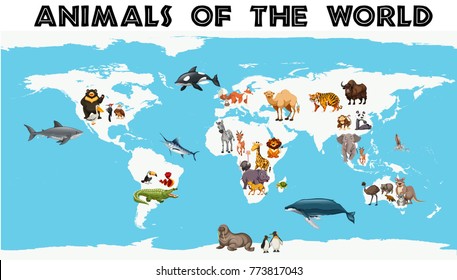 Different types of animals around the world on the map illustration