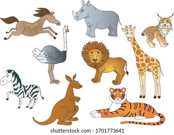 Different types of animals drawn by hand on a white background, colored