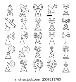 Different Types of Antenna Icons – Vector Set for Communication and Technology Designs, Telecom Projects and App Interfaces