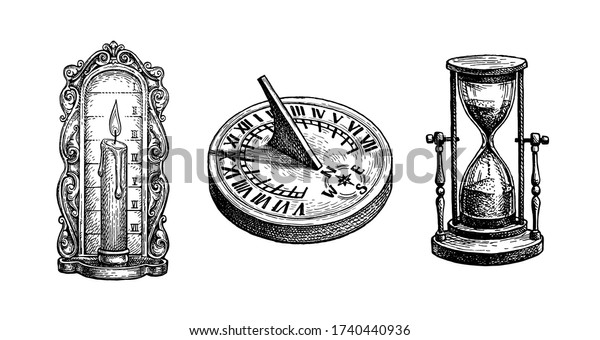 Different types\
of antique clocks. Sundial, hourglass and candle clock. Time\
measurement history. Ink sketch isolated on white background. Hand\
drawn vector illustration. Retro\
style.