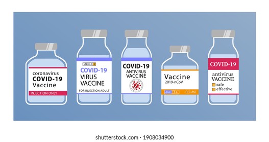 Diferentes tipos de frascos de vacunas antivirus. Segura, eficaz y aprobada por los expertos de la vacuna para adultos y niños. Covid preventions set. Diseño plano ilustración vectorial simple.